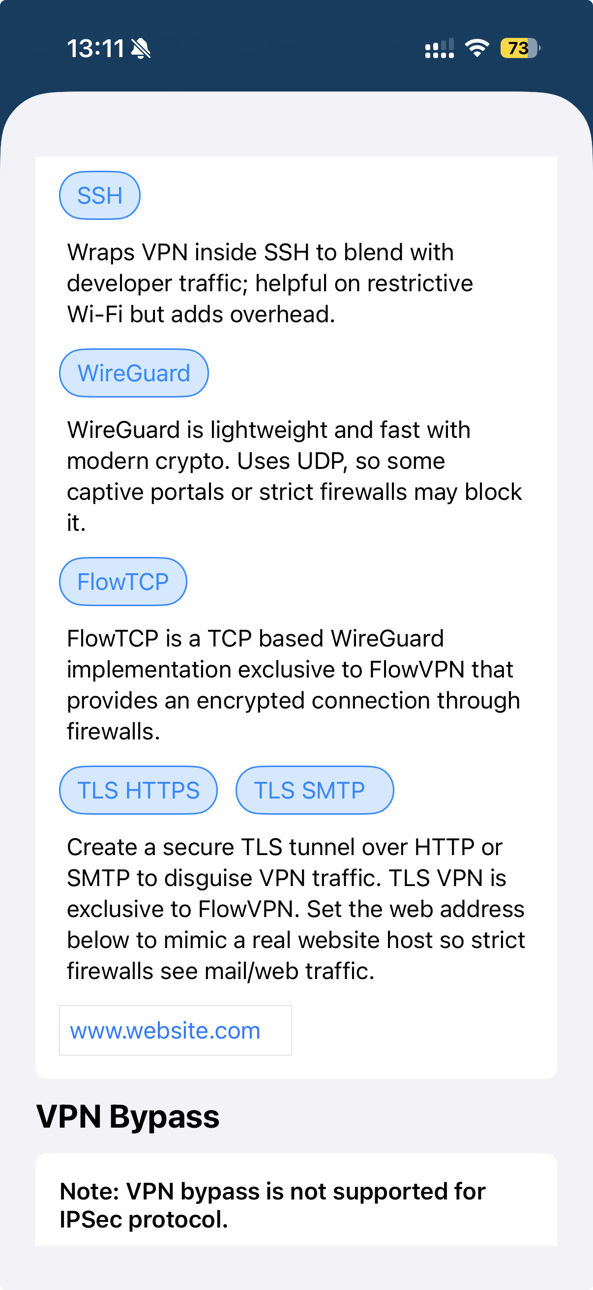 FlowVPN iOS advanced protocol settings showing SSH, FlowTCP, TLS HTTPS and TLS SMTP