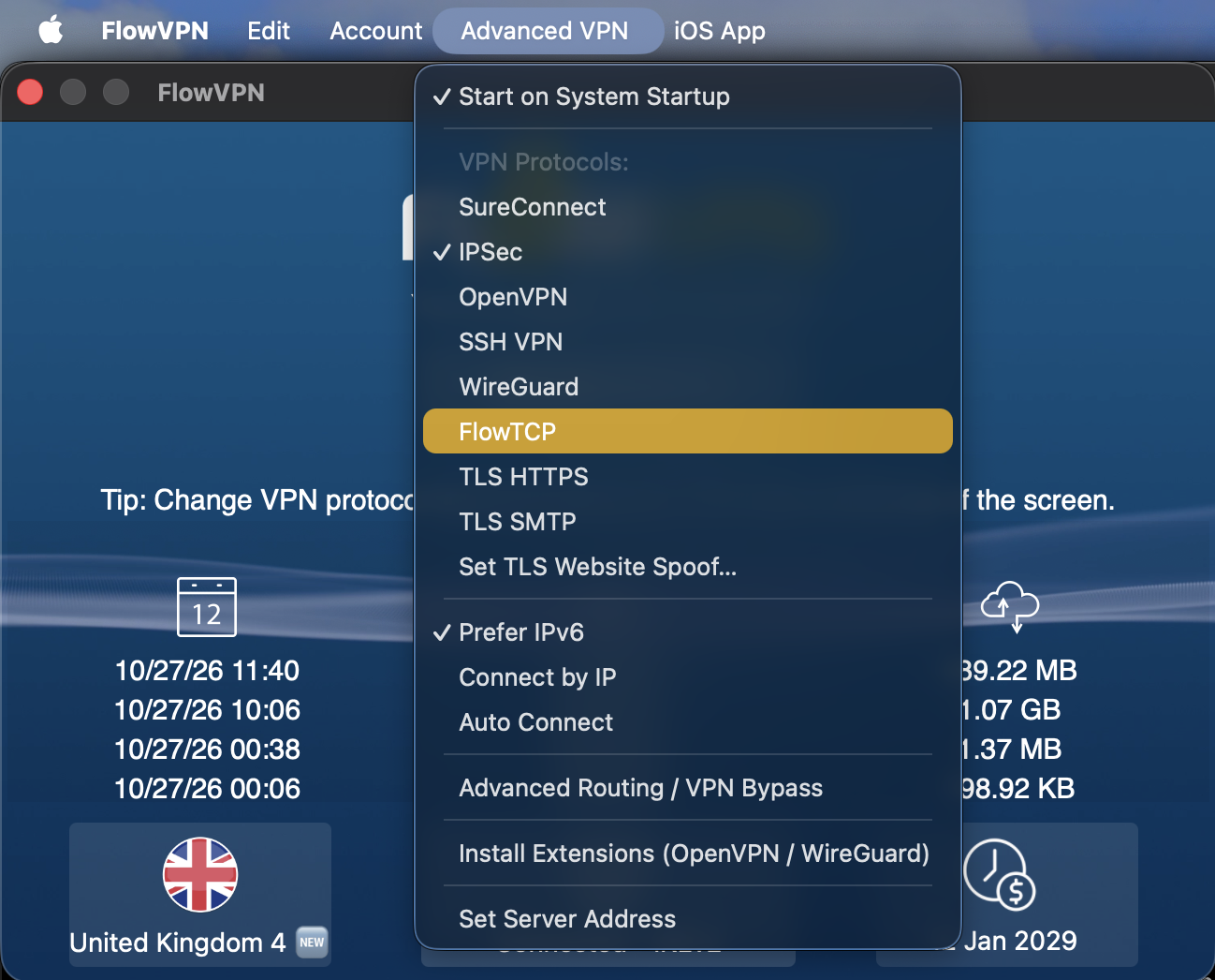 FlowVPN for macOS Advanced VPN menu with FlowTCP, TLS HTTPS and TLS SMTP options